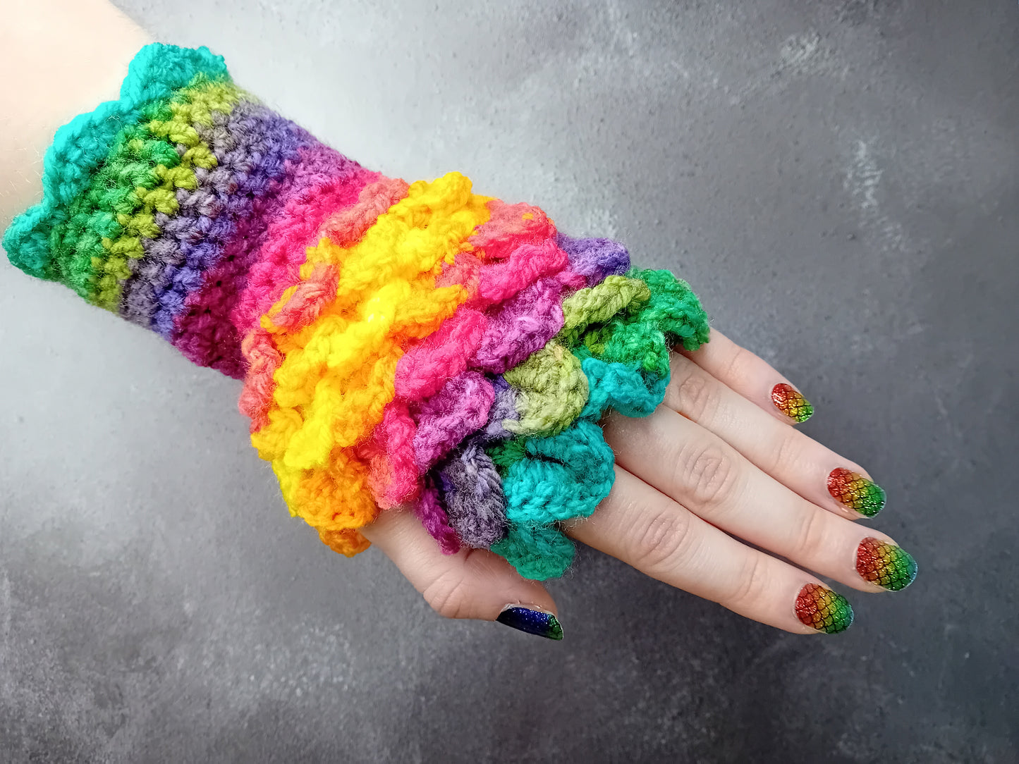Custom Crocheted Dragon-Scale Fingerless Gloves
