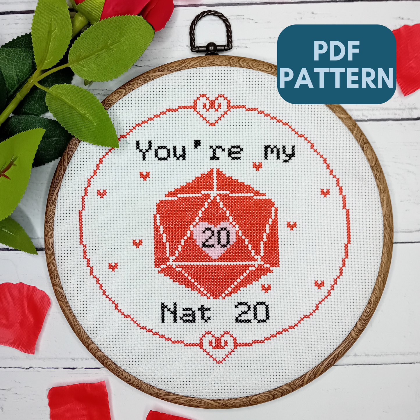 You're my Nat 20 - Nerdy themed Valentine's Cross Stitch - Cross Stitch Pattern - Tabletop game themed