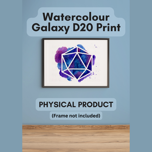 Watercolour Galaxy D20 Print - Colourful D20 Print for TTRPG Players