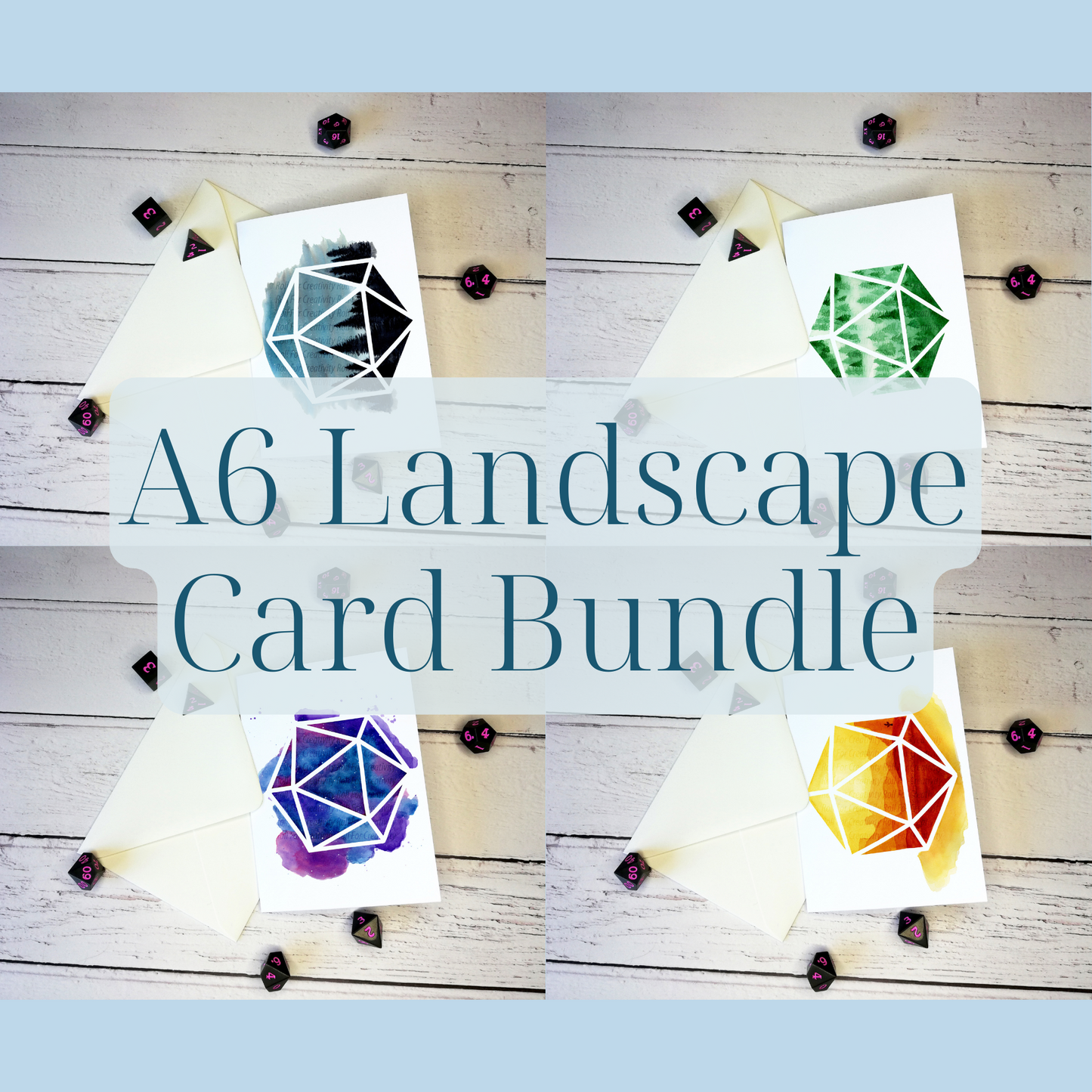 Watercolor D20 A6 Landscape Greetings Card BUNDLE  - Blank Inside for Custom Messages