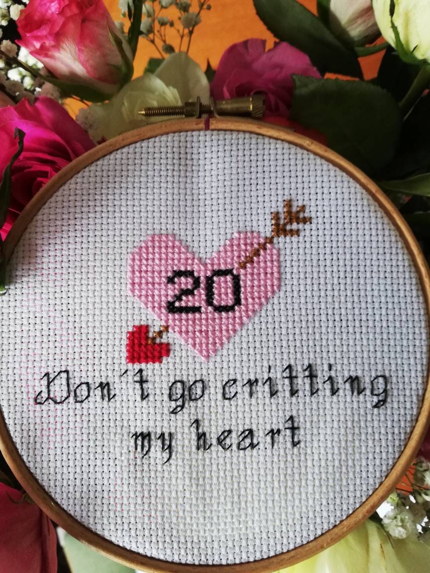 Don't go critting my heart - You got a Crit on my heart - Nerdy heart cross stitch