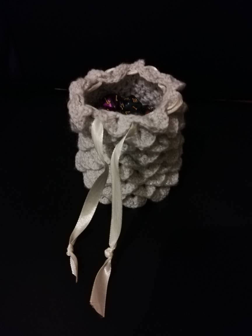 Frost Dragon Egg Dice Bag! - Silver and White // Crocheted scale effect bag, handmade, great for dice storage