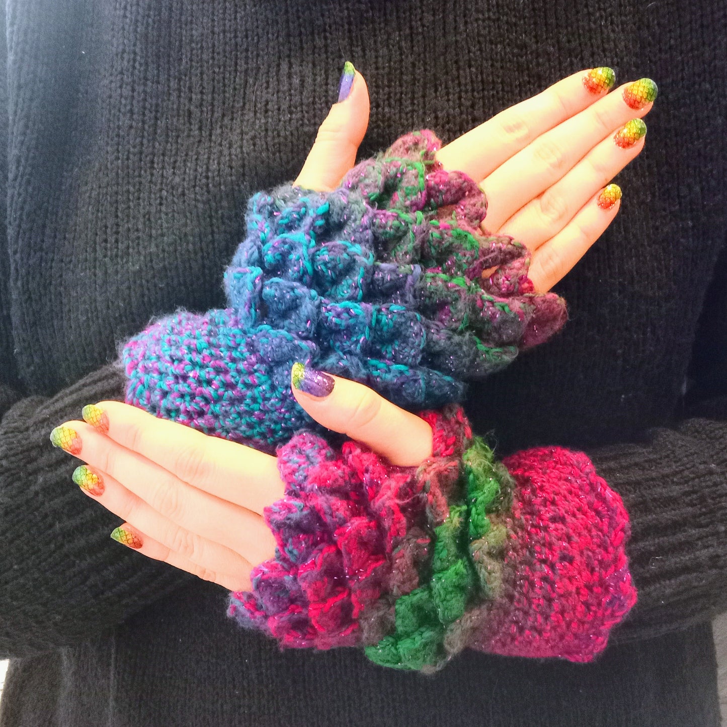 Custom Crocheted Dragon-Scale Fingerless Gloves