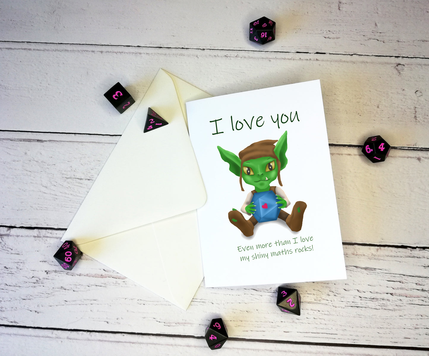 Dice Goblin I Love You Card - Shiny Maths Rocks - Nerdy Goblin Card - A6 Card