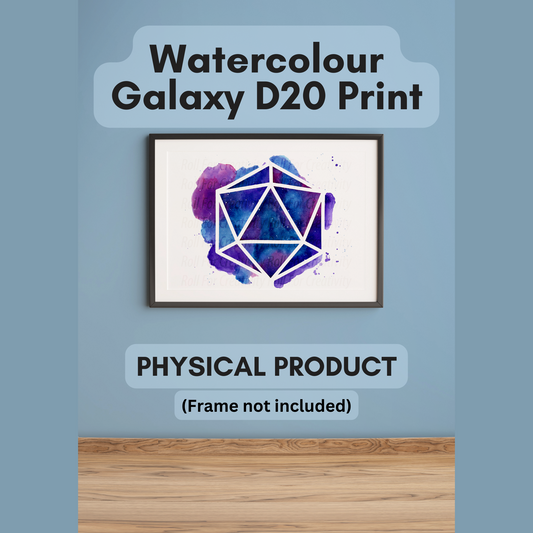 Watercolour Galaxy D20 A4  Print - Colourful D20 Print for TTRPG Players