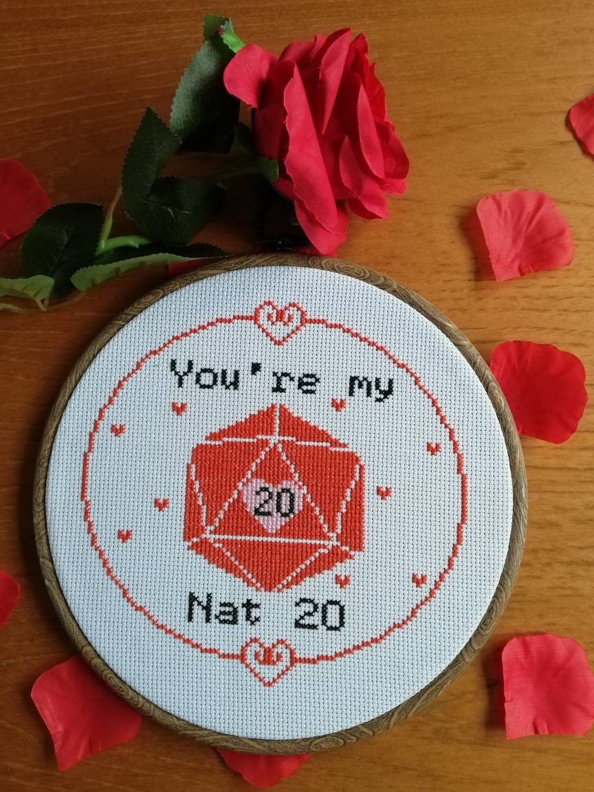 You're my Nat 20 - Nerdy themed Valentine's Cross Stitch - Cross Stitch Pattern - Tabletop game themed
